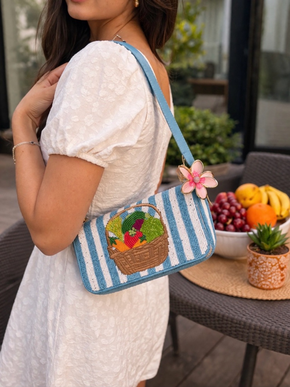 Striped Blue Beaded Basket Appliqué Shoulder Bag